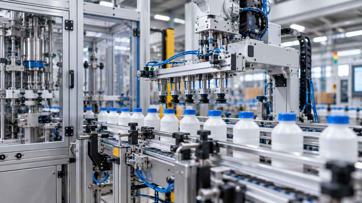 Rugalmas gyártás automatizált műanyagflakon-gyártósoron
