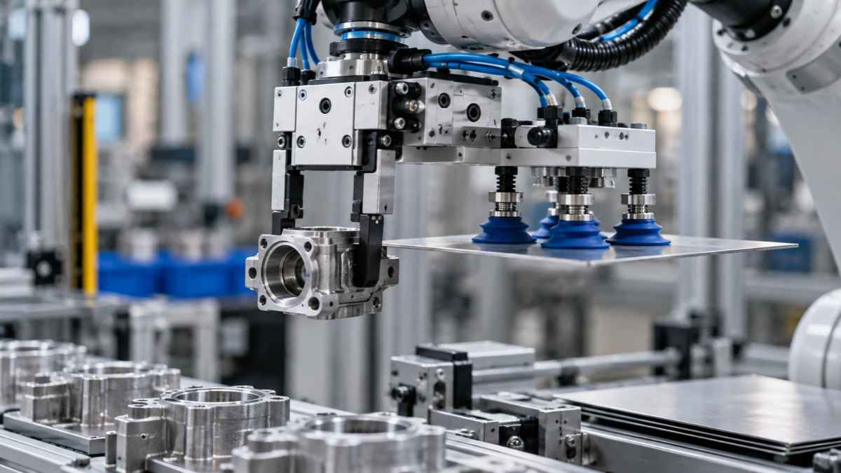 Ipari megfogók egy robotcellában mechanikus és vákuumos megfogási megoldásokkal
